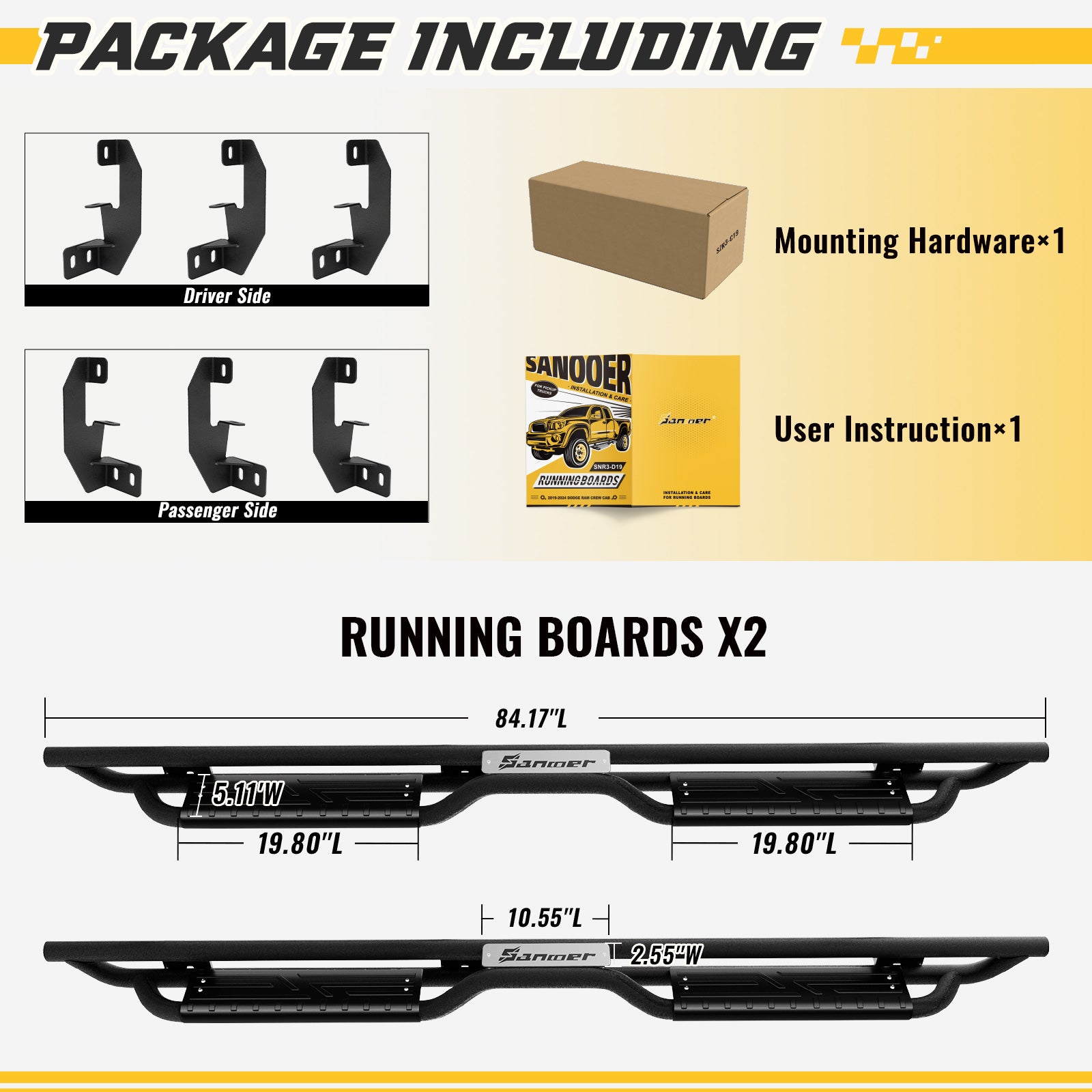 packge included with the purchase of Sanooer Running Boards
