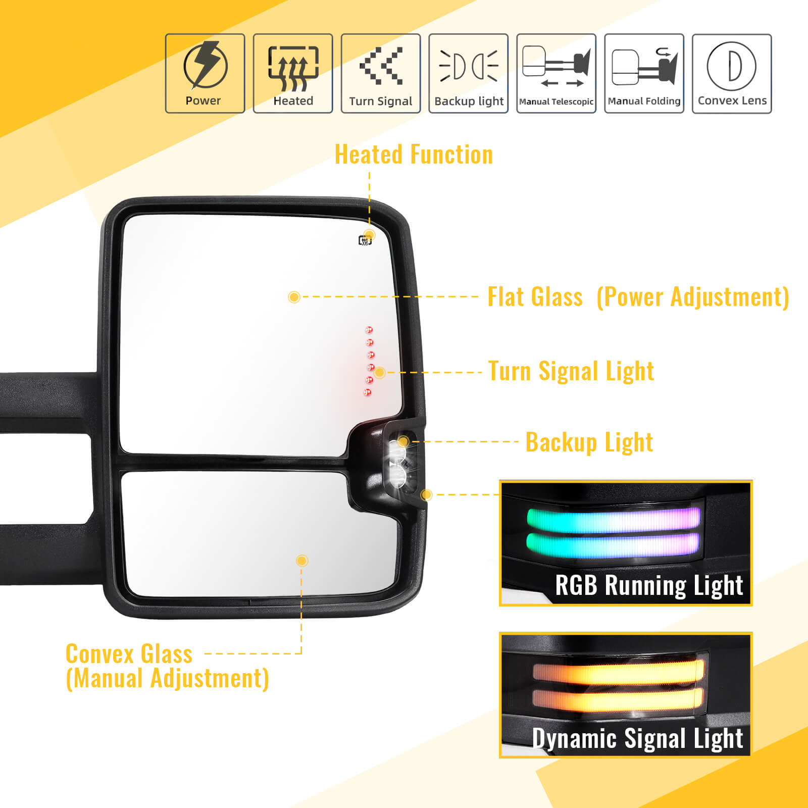 Chrome RGB Towing Mirrors with Adjustable Lighting & Harness for 2014 - 2019 CHEVY Silverado GMC Sierra etc.