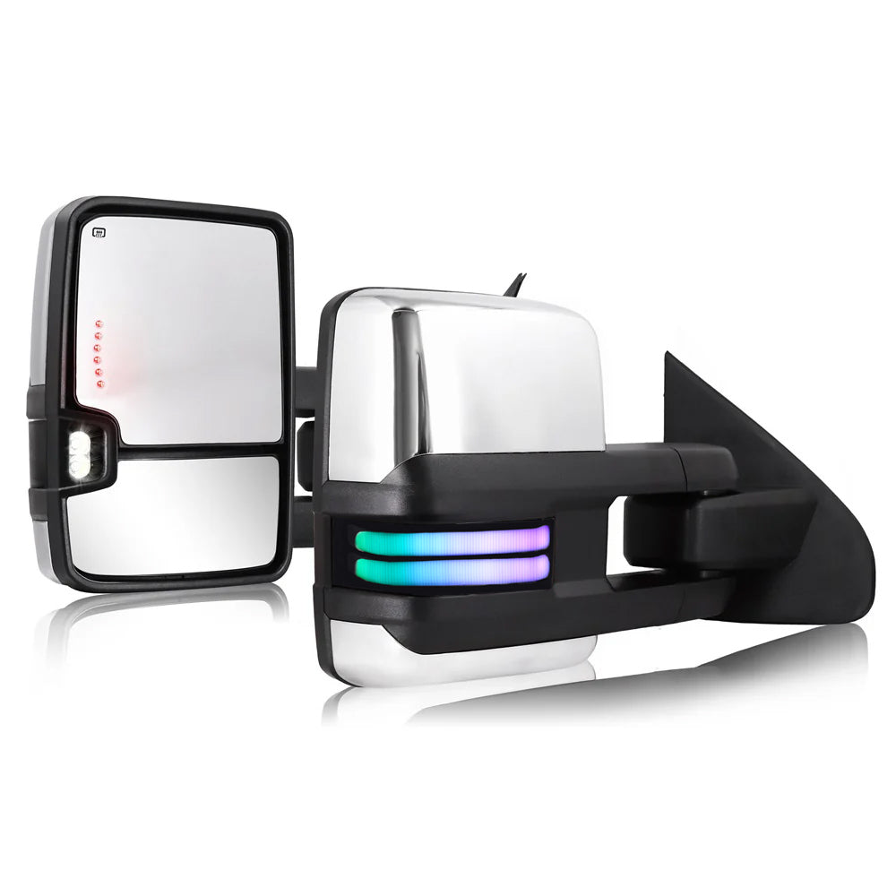 Chrome RGB Towing Mirrors with Adjustable Lighting & Harness for 2014 - 2019 CHEVY Silverado GMC Sierra etc.