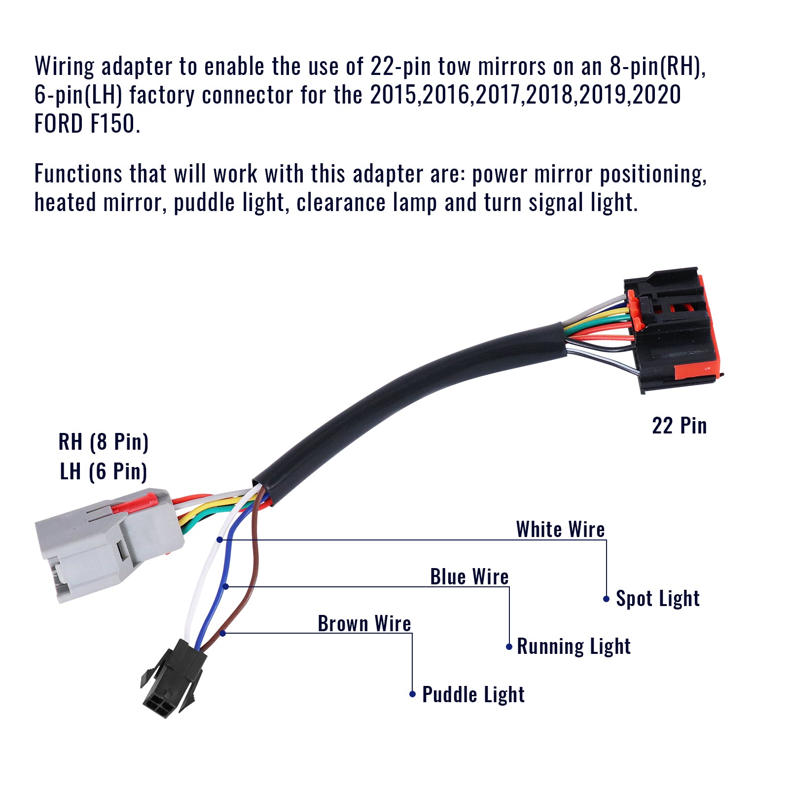2px Conversion Harness Adapter Wiring Connector 8 pin to 22 pin for F150 2015-2018 Tow Mirrors