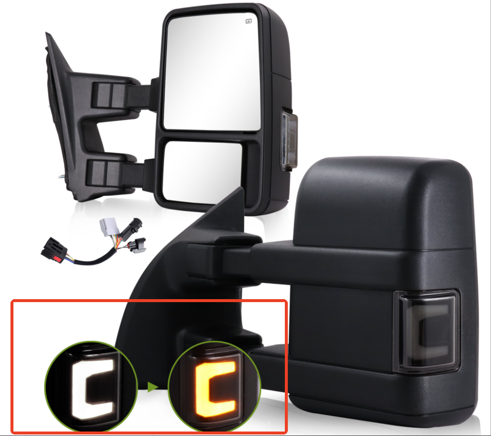 A pair of switchback lights on Towing Mirrors for F250