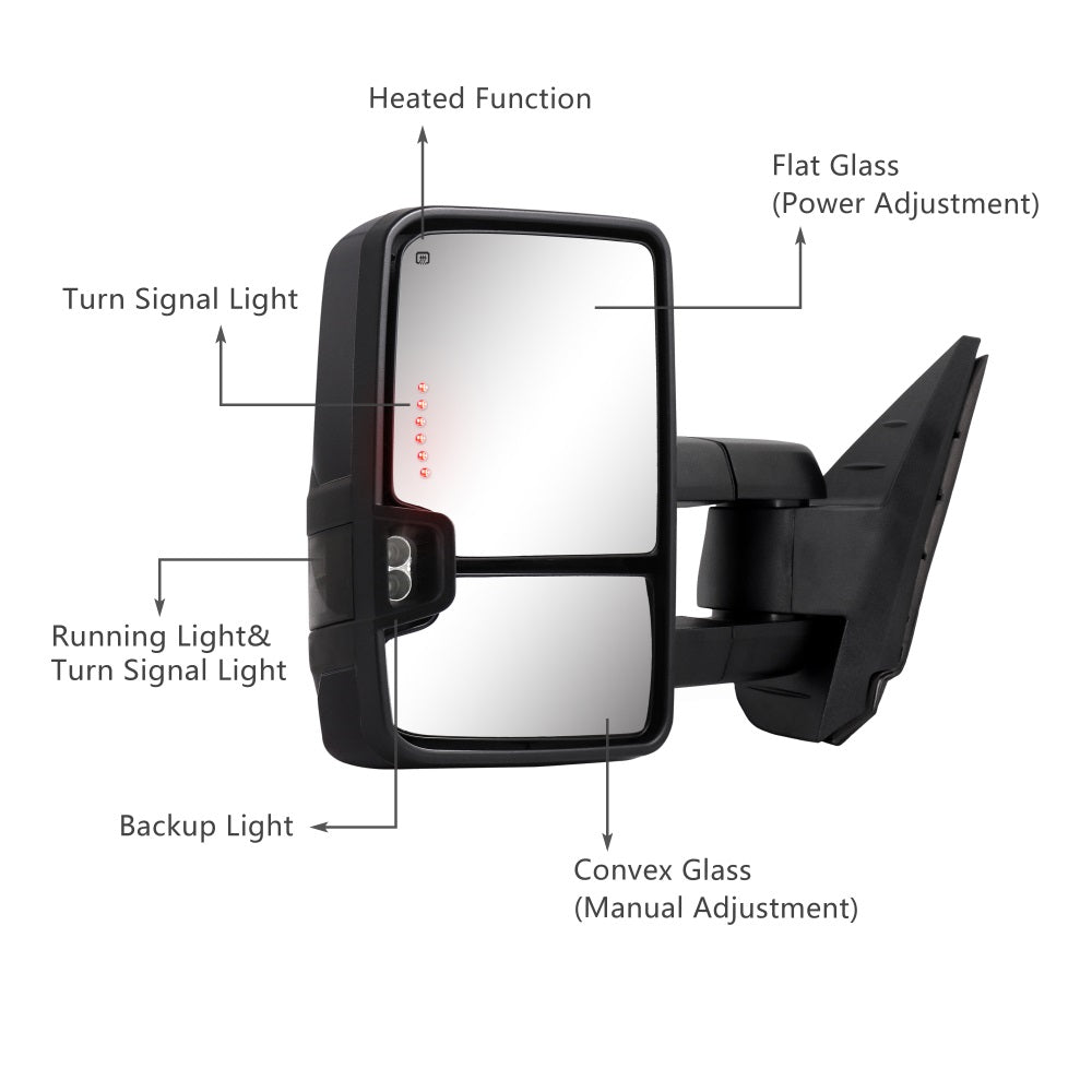 Sanooer-Switchback-Towing-Mirror-2007-New-body-2013-Chevy-Silverado-GMC-Sierra-painted-black-functions