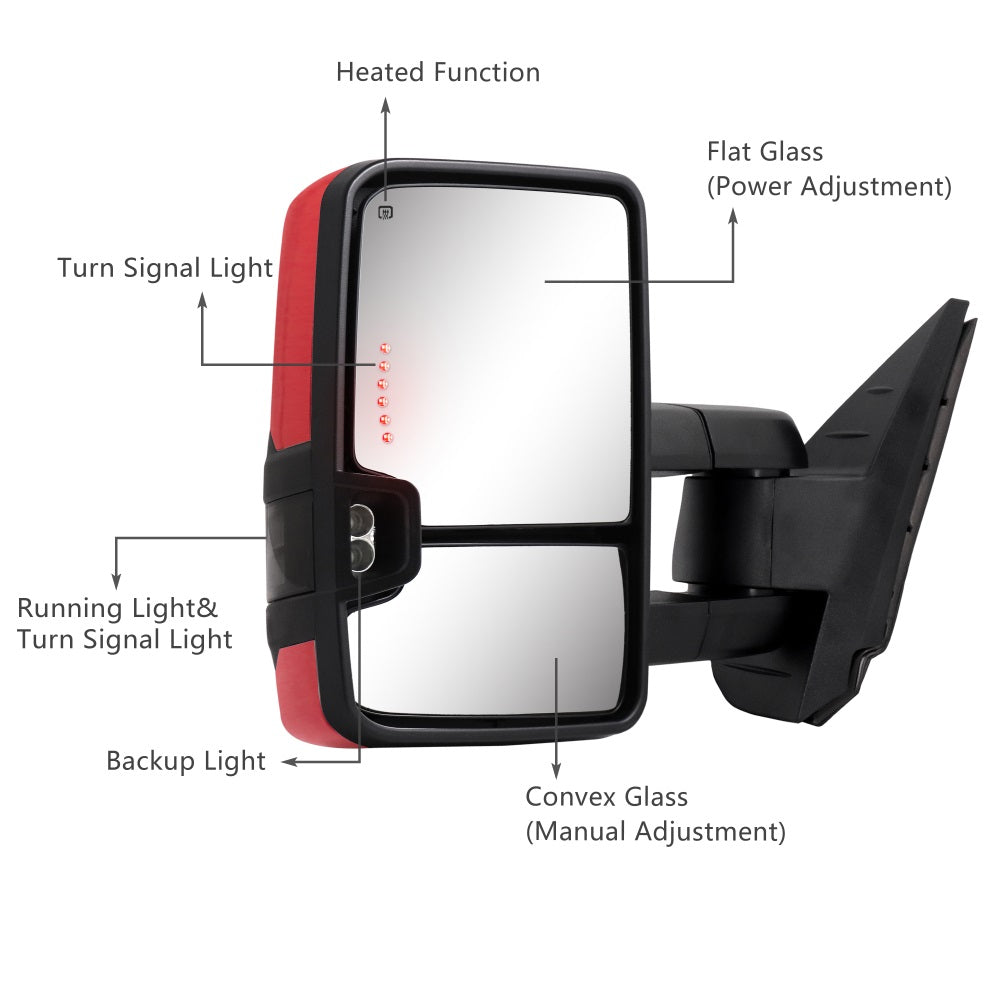 Sanooer-Switchback-Towing-Mirror-2007-New-body-2013-Chevy-Silverado-GMC-Sierra-painted-red-functions