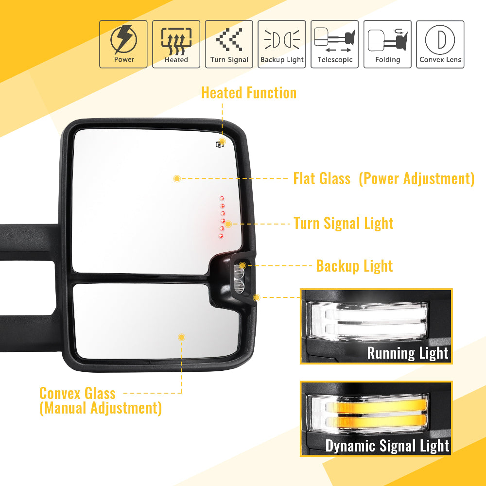 Switchback Towing Mirror for 2007 New body - 2013 Chevy Silverado GMC Sierra etc Chrome Inside Functions