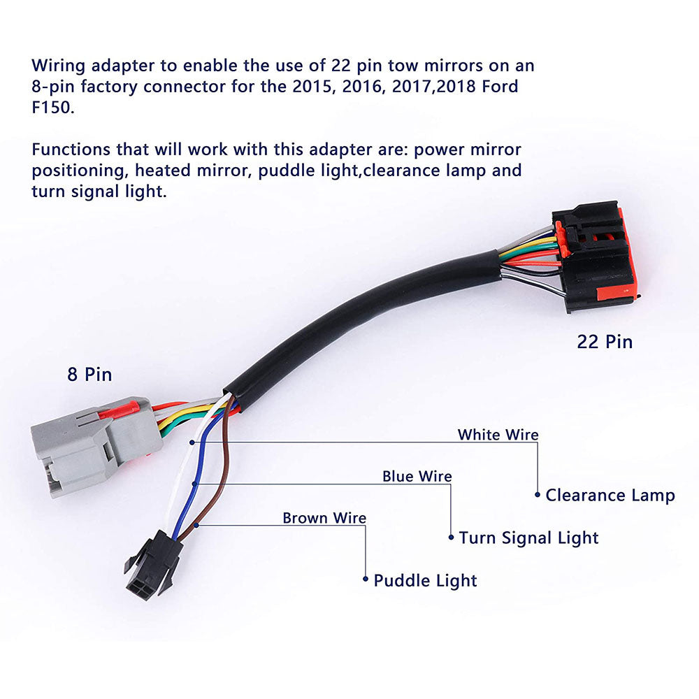 2px Conversion Harness Adapter Wiring Connector 8 pin to 22 pin for F150 2015-2018 Tow Mirrors